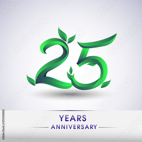 25th years anniversary celebration logotype with leaf and green colored. Vector design for greeting card and invitation card on white background.