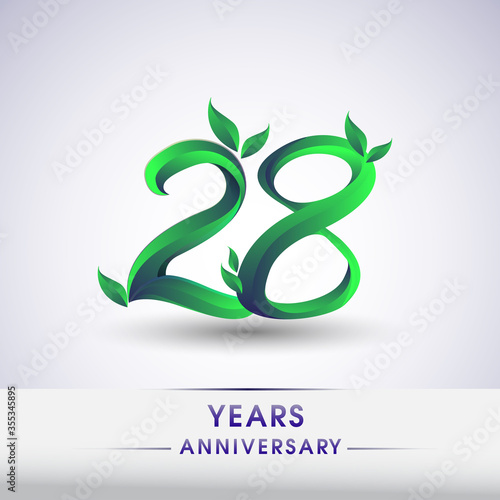 28th years anniversary celebration logotype with leaf and green colored. Vector design for greeting card and invitation card on white background.