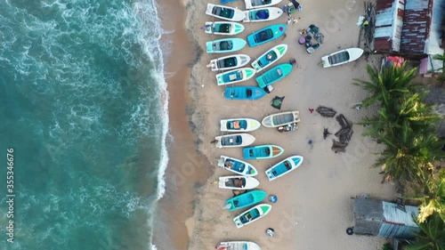 Birds Eye Aerial of Arugam Bay Beach, Sri Lanka. Indian Ocean Waves and Boats on Sandy Beachftont photo