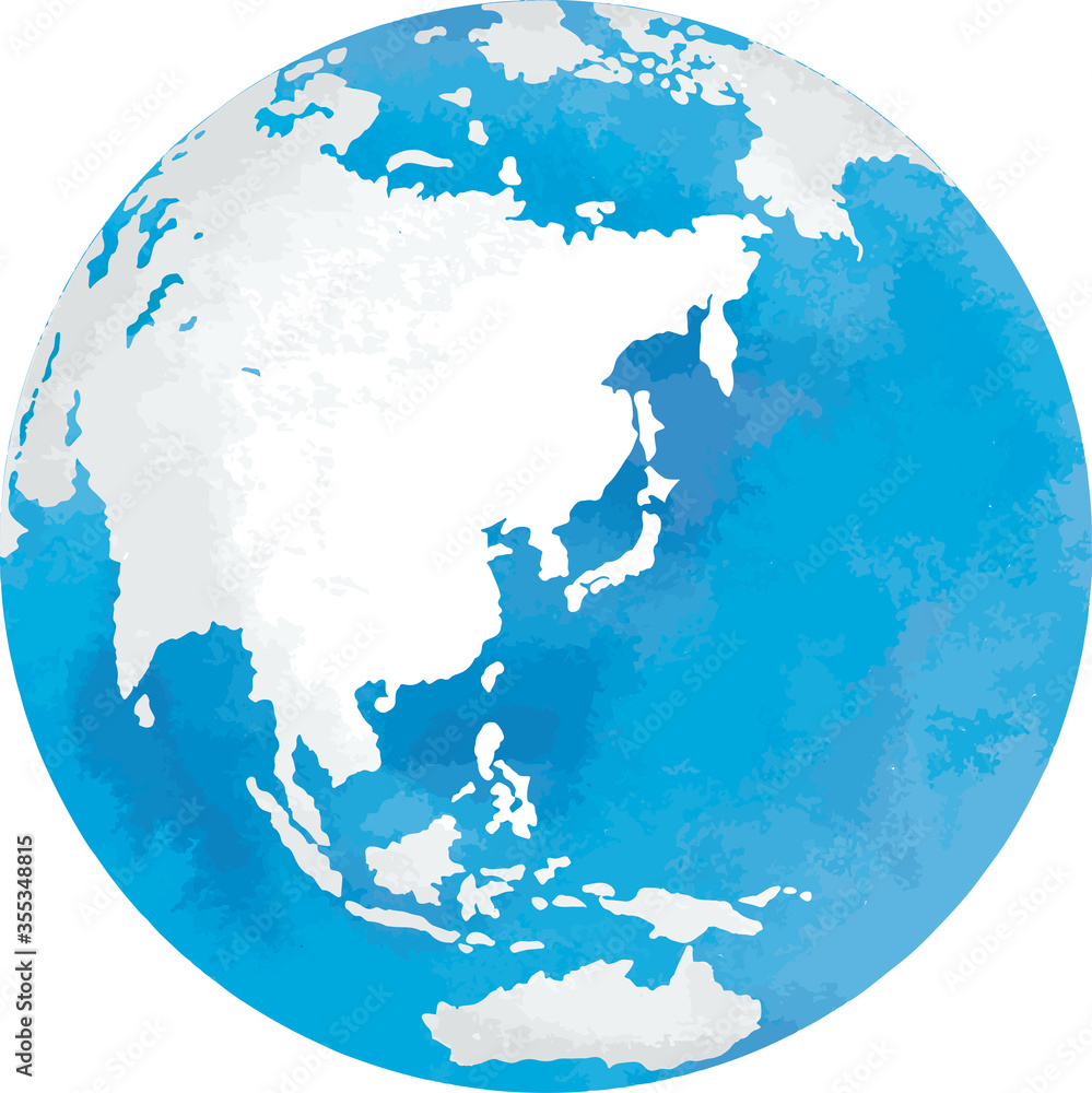 アジアが中心にある丸い地球の地図の水彩風ベクターイラスト Stock ベクター Adobe Stock