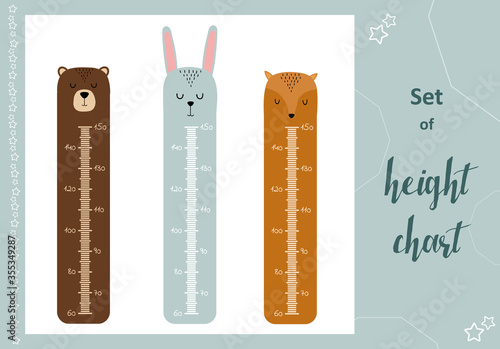 Kids space height chart. Cute wall meter with funny animals. Vector template. Cartoon zoo. Design of children's products in scandinavian style.