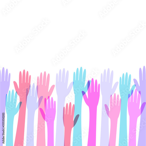 Multi-colored hands are raised up. The right and left hands of contrasting colors symbolize volunteers. Vector flat cartoon illustration. Concept: choice, voting, volunteers, initiative, help.