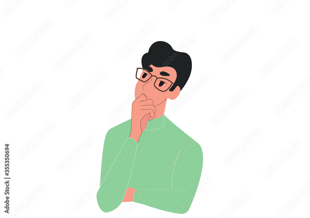 The guy ponders the choice, looking for a solution, pensive facial expression, isolated on a white background. Vector illustration, flat cartoon design, eps 10. The guy ponders the choice, looking for a solution, pensive facial expression, isolated on a white background. Vector illustration, flat cartoon design, eps 10.
