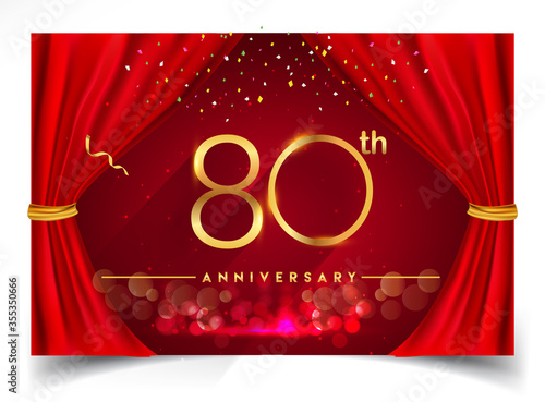 80th years golden anniversary logo with glowing golden colors isolated on realistic red curtain, vector design for greeting card, poster and invitation card