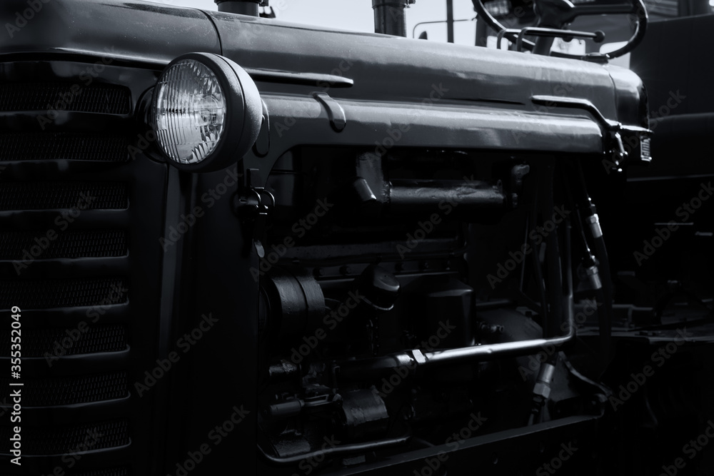 The old tractor. Black and white image.