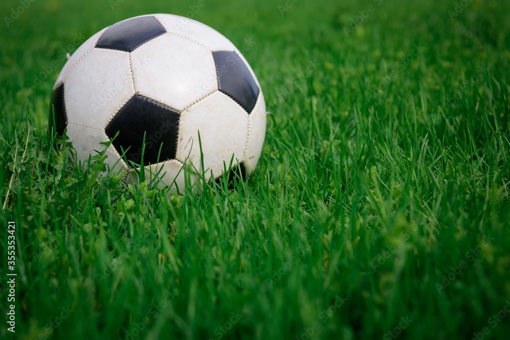 Soccer ball on the lawn on sunny summer day, close-up. White and black ball on background of green grass, copy space. Concept of active recreation, sports entertainment in nature.