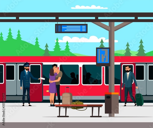 Vector character illustration of train station and passengers