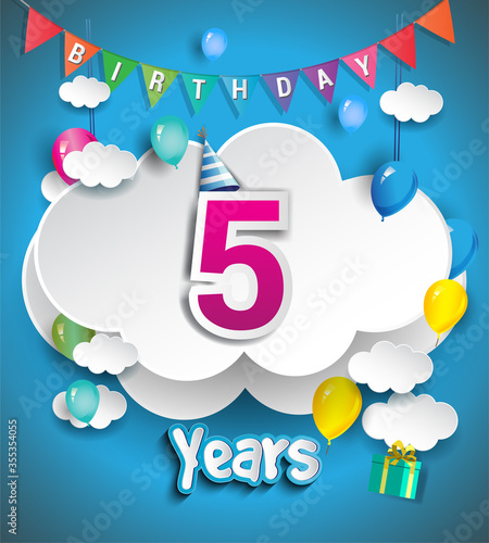 5th Anniversary Celebration Design, with clouds and balloons, confetti. Vector template elements for birthday celebration party.