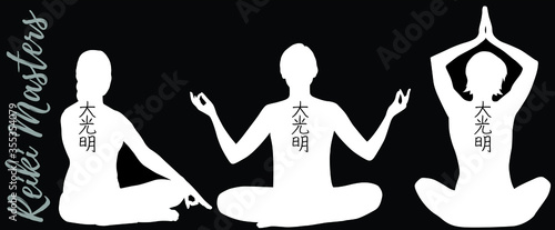 Reiki masters, 3 white silhouettes with dai ko myo symbol tatoo, practicing meditation
