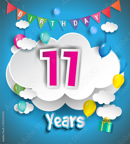 11th Anniversary Celebration Design, with clouds and balloons, confetti. Vector template elements for birthday celebration party.