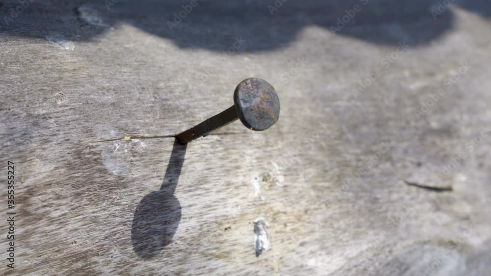 The stuck nail on the wooden wall of the house The stuck nail on the wooden wall of the house
