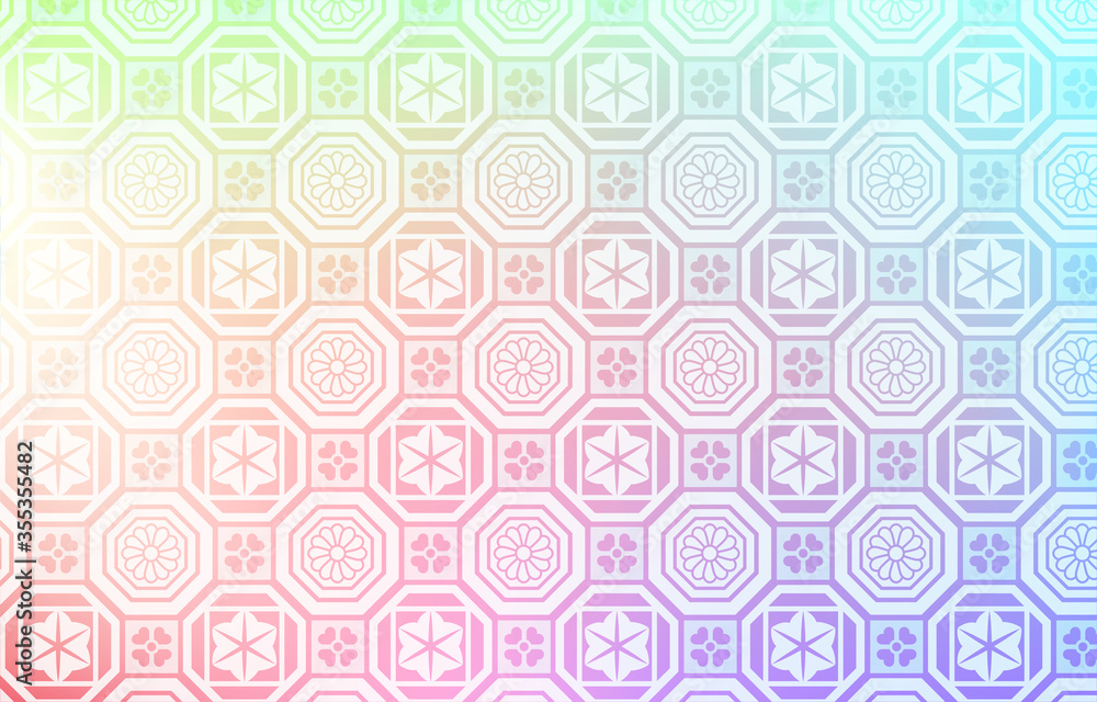 背景素材:淡い虹色グラデーションと和柄パターンのイラスト 背景素材:淡い虹色グラデーションと和柄パターンのイラスト