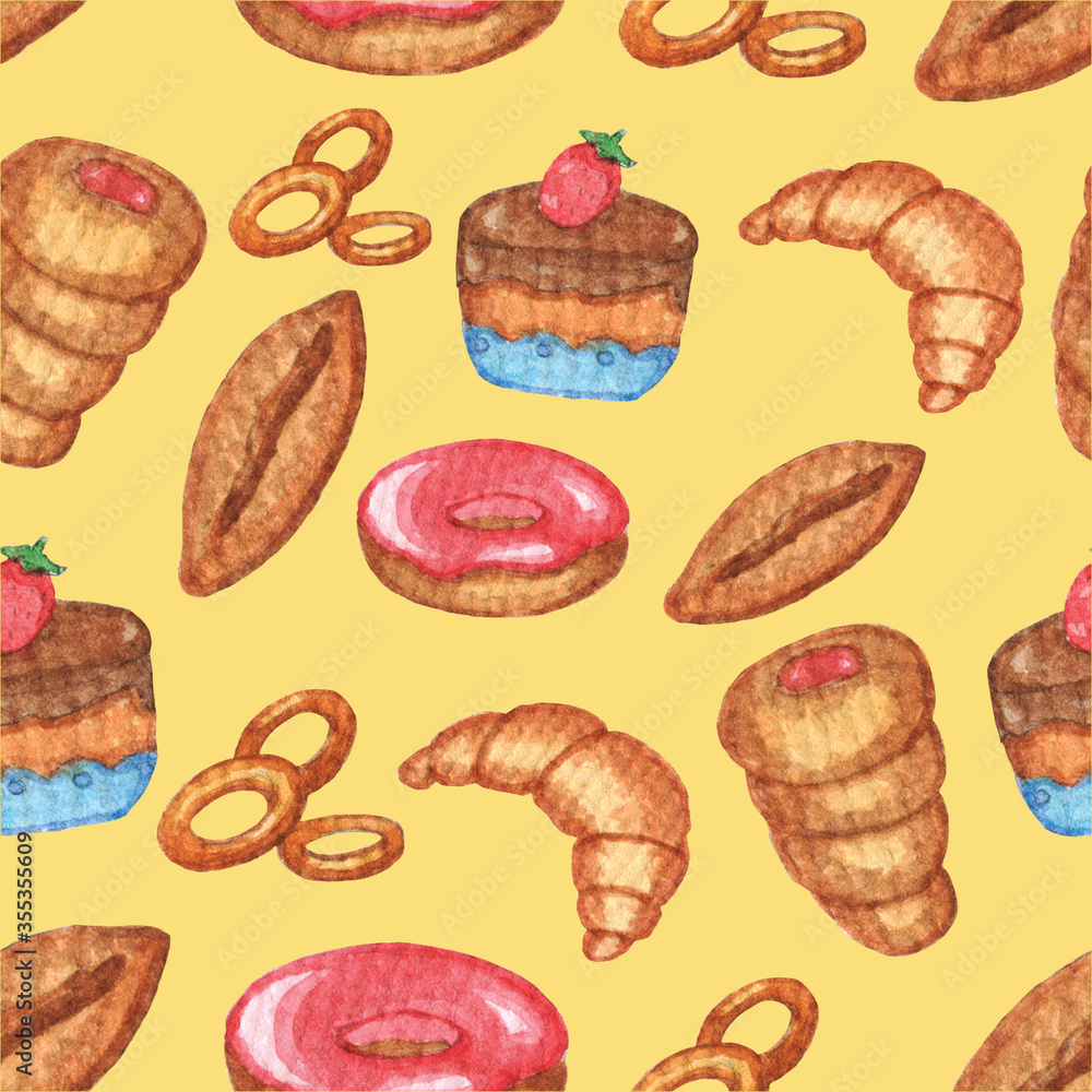 Hand drawn watercolor seamless pattern with pastry on yellow background. Colorful illustration. Vintage cute design for wallpaper, fabric, birthday, wedding, wrapping, bakery shop, cafe, restaurant Hand drawn watercolor seamless pattern with pastry on yellow background. Colorful illustration. Vintage cute design for wallpaper, fabric, birthday, wedding, wrapping, bakery shop, cafe, restaurant