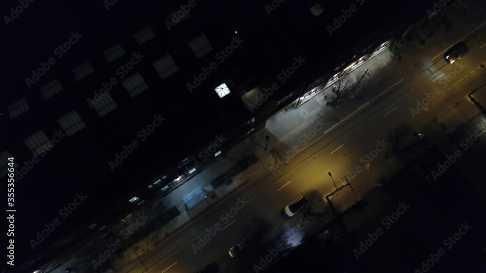 Drone of downtown city street with cars driving by Drone of downtown city street with cars driving by
