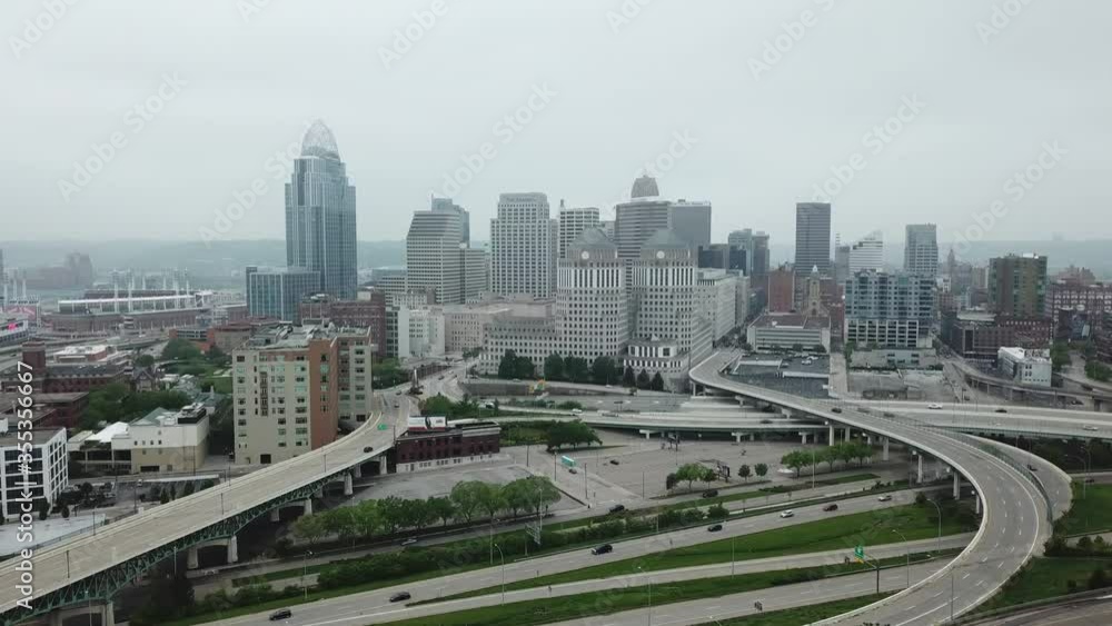 Drone of Downtown Cincinnati, Ohio with highways Drone of Downtown Cincinnati, Ohio with highways