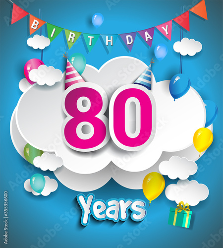 80th Anniversary Celebration Design, with clouds and balloons, confetti. Vector template elements for birthday celebration party.