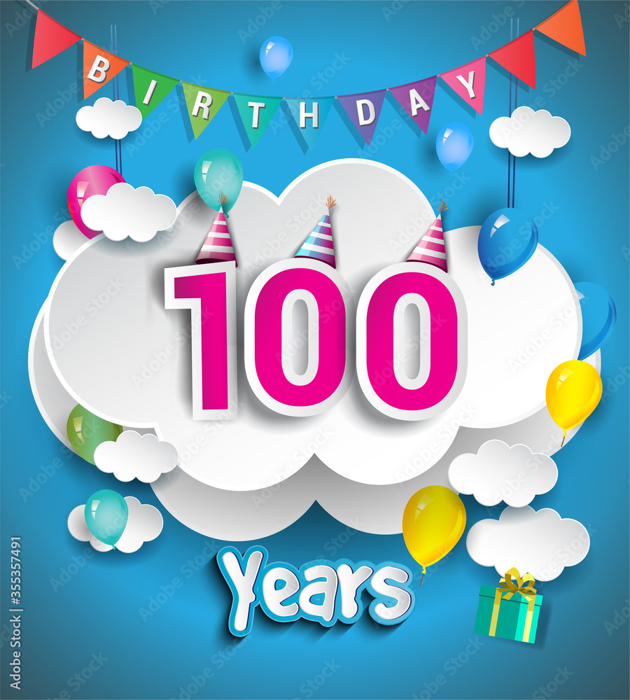100th Anniversary Celebration Design, with clouds and balloons, confetti. Vector template elements for birthday celebration party. 100th Anniversary Celebration Design, with clouds and balloons, confetti. Vector template elements for birthday celebration party.
