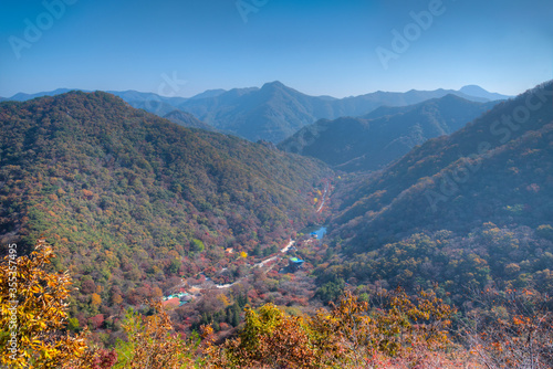 Aerial view of pond with pavilion and Naejangsa temple at Naejangan national park in republic of korea photo