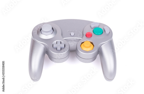 Grey wireless video game joystick console controller