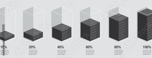 Black liquid histogram glass bars display. 10% 20% 40% 60% 80% 100% numbers text. Flat design illustration inforchart infographic elements for app ui ux web banner vector isolated on white background