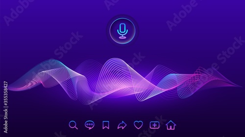 Voice assistant concept Artificial intelligence wave. Microphone control and sound recognition. Hi-tech neon AI signal equalizer. Button icons on digital audio spectrum line. Vector stock illustration