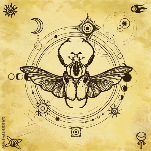 Mystical drawing: bug Goliath, moon phases, orbits of planets, energy circle. Sacred geometry. Alchemy, magic, esoteric, occultism. Background - imitation of old paper. Vector Illustration.