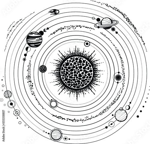Monochrome drawing: stylized Solar system, orbits, planets, space structure.  Vector Illustration isolated on a white background. Print, poster, T-shirt, postcard.