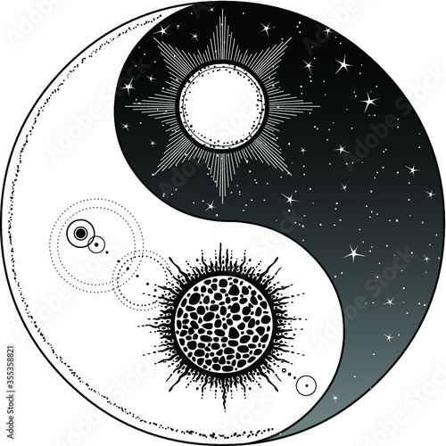 Mystical drawing: Stylized sun and moon, day and night, cosmic dualism. Zen symbol. Ying yang sign of harmony and balance. Monochrome Vector Illustration isolated on a white background