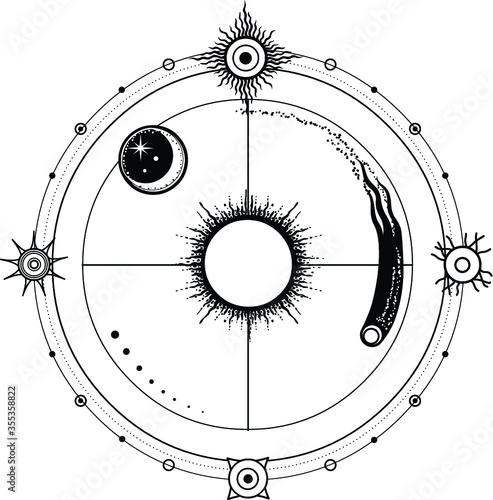 Mystical drawing: stylized Sun and moon, comet, energetic circles. Solar symbols. Alchemy, magic, esoteric, occultism. Monochrome Vector Illustration isolated on a white background. Print, T-shirt