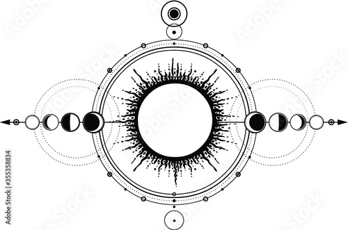 Mystical drawing: sun system, moon phases, orbits of planets, energy circle. Sacred geometry. Alchemy, magic, esoteric, occultism. Monochrome Vector Illustration isolated on a white background