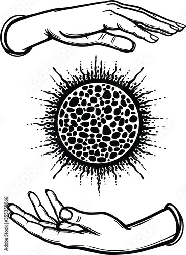 Human hands hold a shining ball. Magic, alchemy, occult. Monochrome vector illustration isolated on white background.