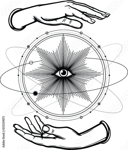 Human hands hold the divine all-seeing eye. Planet orbits, space, universe. Magic, alchemy, occult. Monochrome vector illustration isolated on white background. Print, poster, T-shirt, postcard.