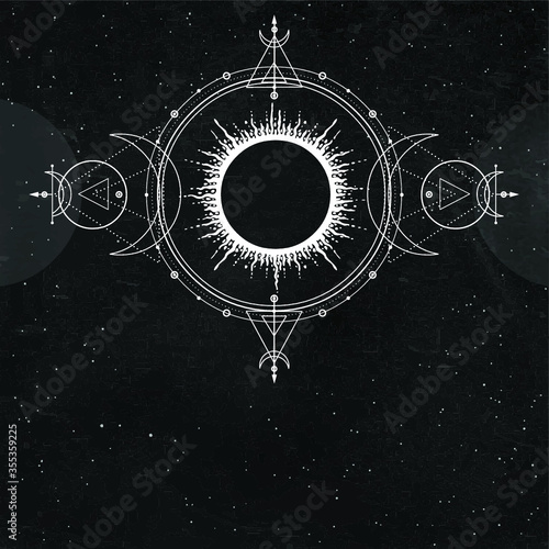  Mystical drawing: sun, moon phases, orbits of planets, energy circle. Alchemy, magic, esoteric. Sacred geometry.  Background - black star sky. Vector illustration. Print, poster, T-shirt, card.