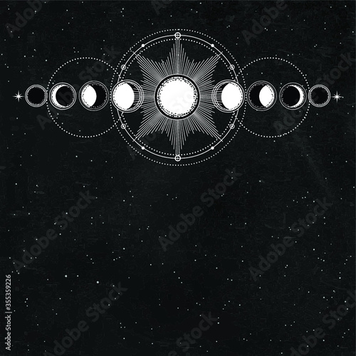 Mystical drawing: full moon, phases of the moon, energy circles. Alchemy, magic, esoteric. Sacred geometry.  Background - black star sky. Vector illustration. Print, poster, T-shirt, card.