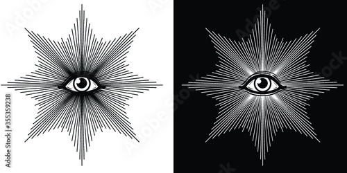 Mystical drawing: the shining all-seeing eye. Alchemy, magic, esoteric, occultism. Black and white options. Vector illustration. Print, poster, T-shirt, card. photo