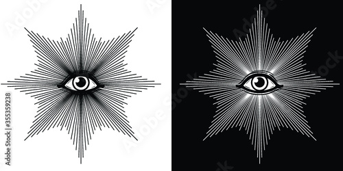 Mystical drawing: the shining all-seeing eye. Alchemy, magic, esoteric, occultism. Black and white options. Vector illustration. Print, poster, T-shirt, card.