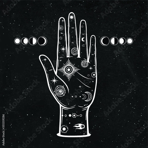 Mystical drawing: In the human hand is the universe: stars, comet, cosmic symbols. Alchemy, esoterics, chiromancy. Background - black star sky. Vector illustration. Print, poster, T-shirt, card.