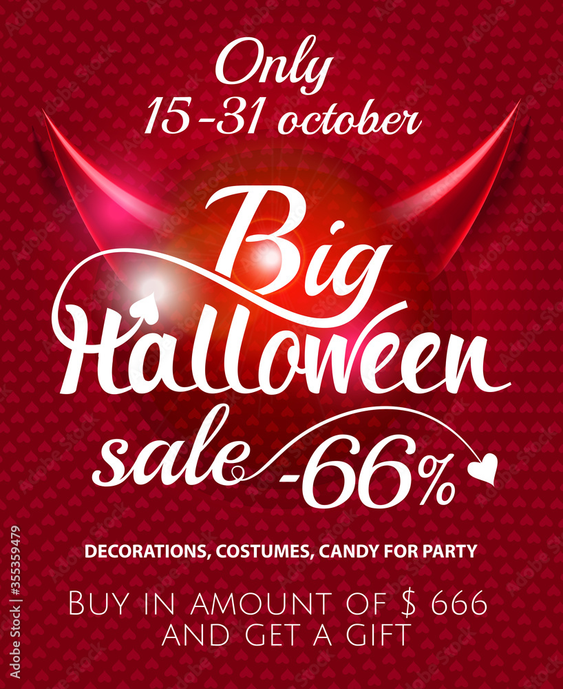 Big Halloween sale pink club invitation, flyer with text on shine abstract background and devil horns
