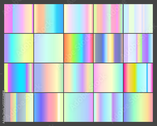 Set of Vector 20 holographic linear gradients. Squeres with in the pale purple, pink, yellow, green and blue rainbow gradient. Realistic holographic backgrounds in different colors for design photo