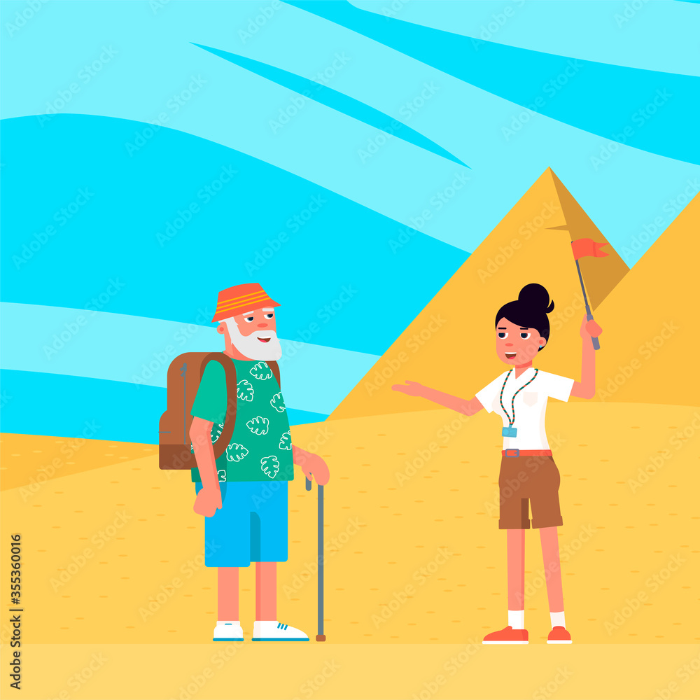 Vector character illustration of group tourists looking Egypt sights Vector character illustration of group tourists looking Egypt sights