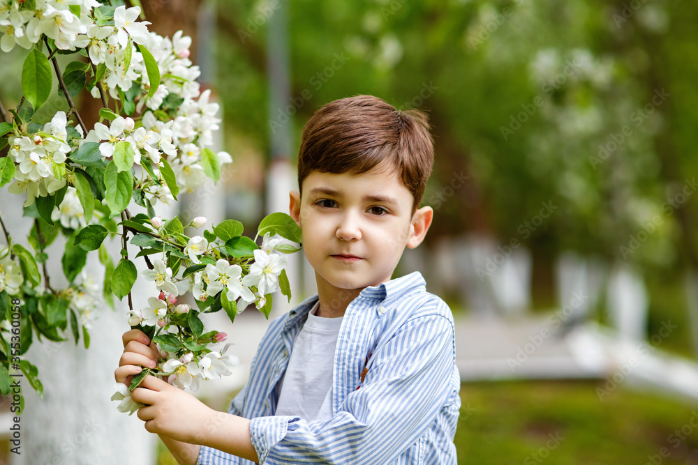 Boy with flowers in a Botanical garden with Apple trees. Against a background of green grass, blooming daisies and flowering trees. Boy with flowers in a Botanical garden with Apple trees. Against a background of green grass, blooming daisies and flowering trees.