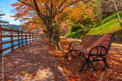 Bench and Woryeonggyo Bridge at Andong, Republic of Korea photo