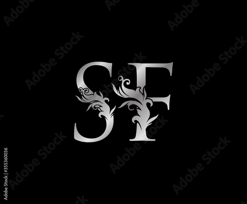Classy Silver letter S, F and SF Vintage decorative ornament letter stamp, wedding logo, classy letter logo icon.