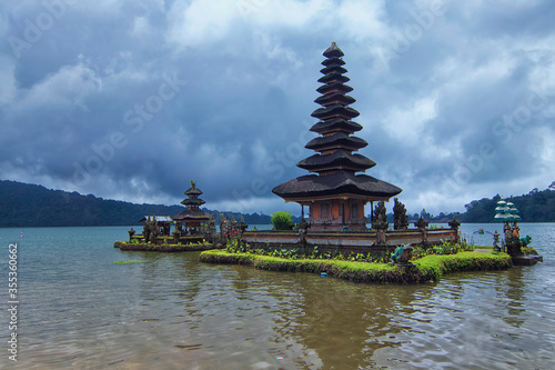 Unique architectural design of a floating tample at Bratan Lake inspired by Balinese Hinduism