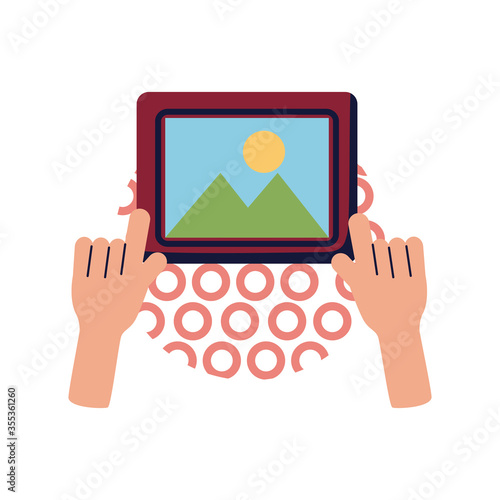 Hands holding picture frame flat style icon vector design