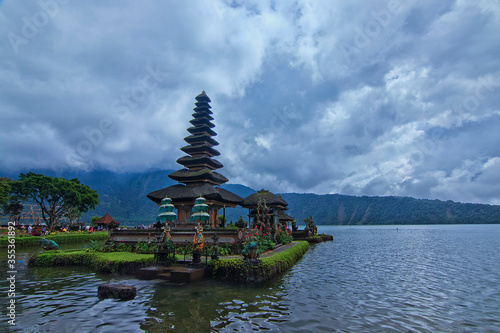 Landscape view of Bratan lake with a unique architectural design tample floating on the lake