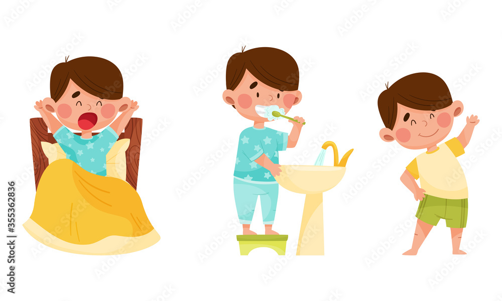 Cute Boy Character Waking Up, Brushing His Teeth and Doing Physical Exercises Vector Illustrations Set Cute Boy Character Waking Up, Brushing His Teeth and Doing Physical Exercises Vector Illustrations Set