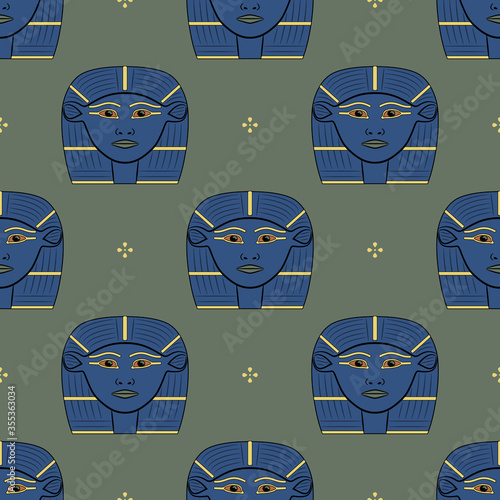 Seamless geometrical pattern with heads of ancient Egyptian goddess of love Hathor.
