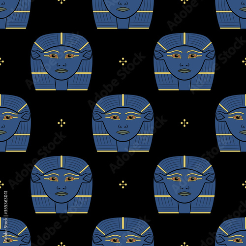 Seamless geometrical monochrome pattern with heads of ancient Egyptian goddess of love Hathor.