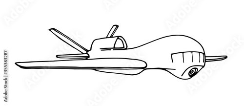 Unmanned military drone for reconnaissance and attack, remote control, modern aviation technologies, vector illustration with black contour lines isolated on a white background in a hand drawn style